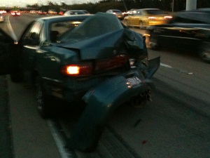 Toyota Camry, after being rear end by a Mitsubishi Pajero