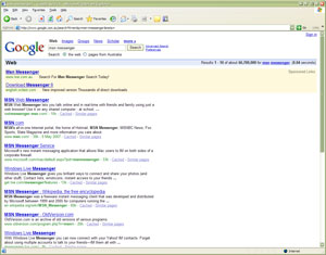 Microsoft 'MSN Messenger' search result pointing to Microsoft Live Search within Google pay per click marketing
