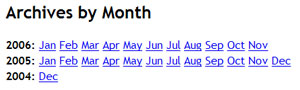 Kottke Style Archives, a WordPress archives plugin which emulates http://www.kottke.org/everfresh