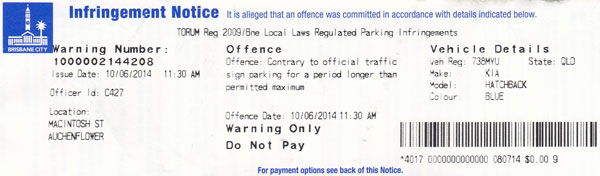 Brisbane City Council - Parking Infringement Warning Notice